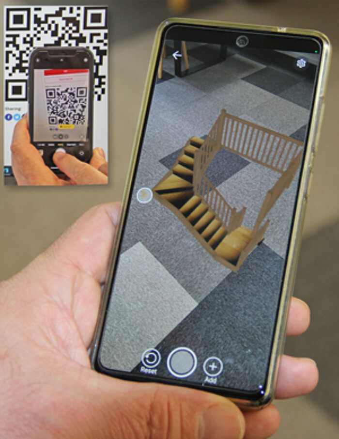 Über eine externe Augmented Reality App kann ein QR-Code erstellt werden, mit dem man die Treppe auf einem Smartphone oder Tablet in beliebige Räume projizieren kann.
