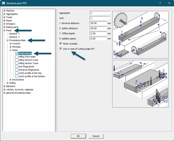 There is a new setting in the work process for sawing post heads: