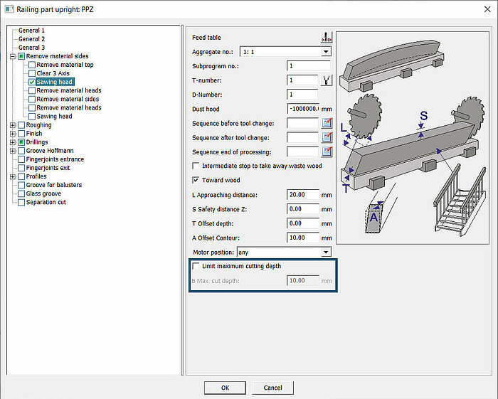 Compass Software users are now able to limit the maximum sawing depth on the front side of railing parts upright with a value.