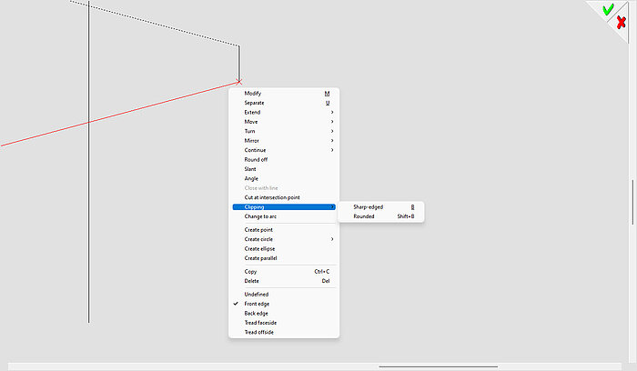 There is now a new option “clip”, which allows users to cross two lines, arches, or a combination of a line and arch and then clip the lines at the intersection. 