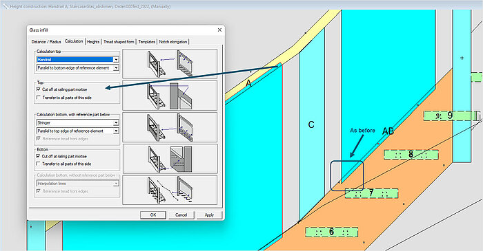 The calculation of grooves for glass infills in railing parts has been improved. 