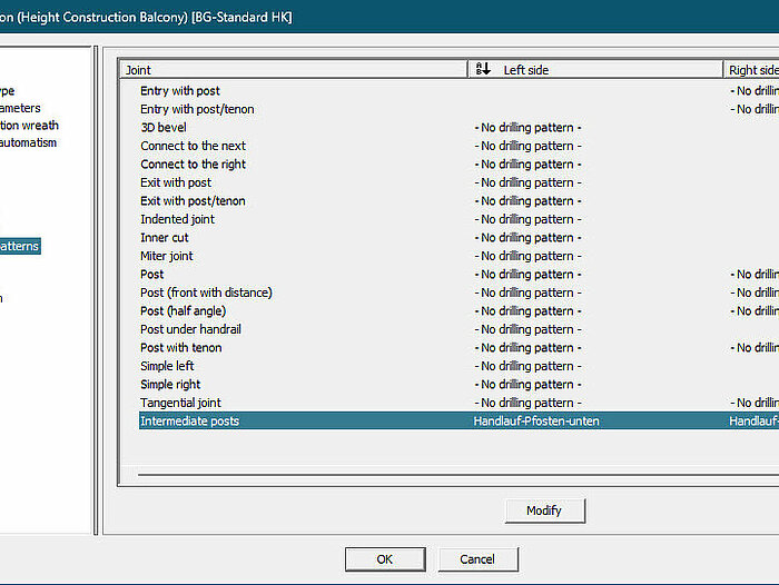 Intermediate posts in balcony railings can now be assigned their own drilling pattern. 