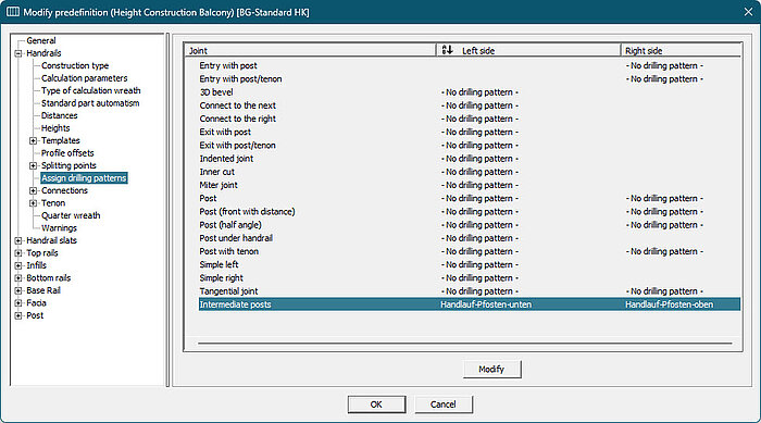 Intermediate posts in balcony railings can now be assigned their own drilling pattern. 