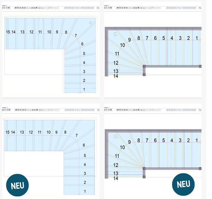 ​In Kooperation mit Anton Wagemeyer wurde die Erstberechnung der Treppe verbessert. Die Verziehung der meisten europäischen Standardtreppen wird ab sofort schon bei der Erstberechnung optimal berechnet, sodass keine manuelle Nachbearbeitung notwendig ist. 