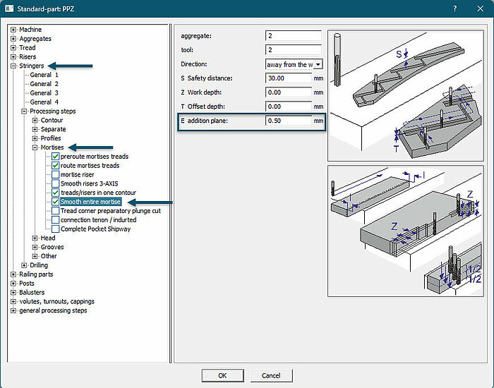 It is now possible to define a lateral offset in the work process “smooth entire mortise” for stringers. 