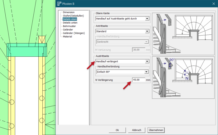 In Compass Software ist es nun möglich, den Handlauf über einen Zentralpfosten laufen zu lassen. 