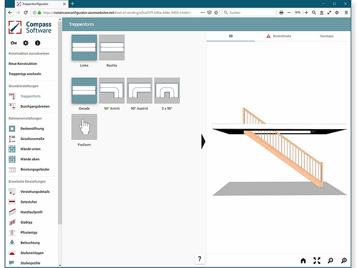 Screenshot des Compass Treppenkonfigurators mit einer 3D Treppe