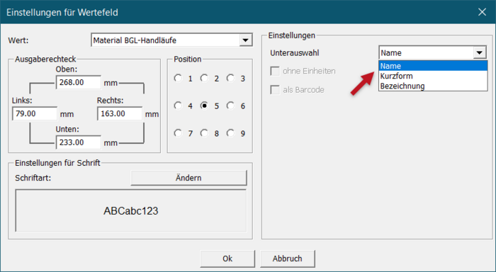 Die Wertefelder für Material in den Compass Software Formularen wurden um zusätzliche Optionen erweitert. 