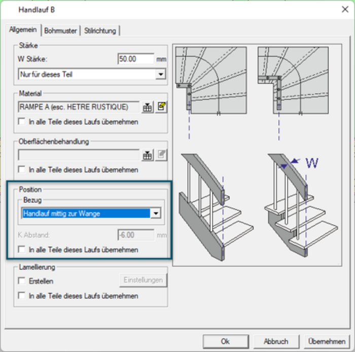 Der Handlauf kann in Compass Software immer mittig über der Wange positioniert werden.