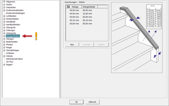 In Compass Software lassen sich die Wangenleisten automatisch über eine Tabelle an die Wange anpassen. 