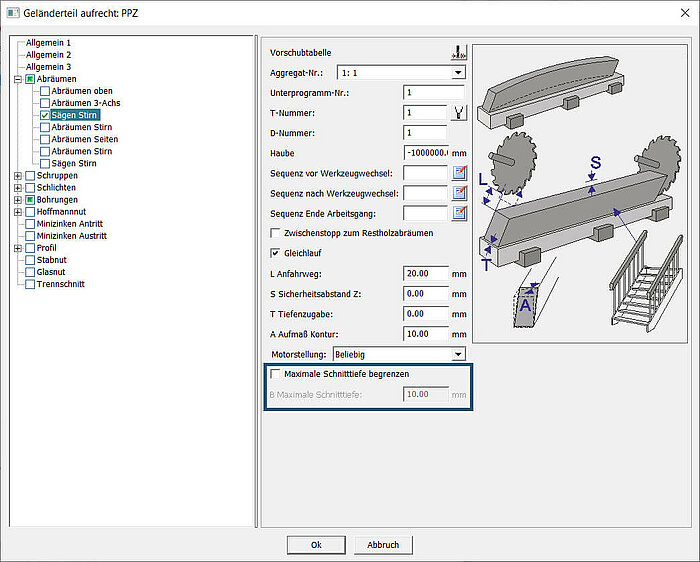 Compass Software Nutzer können nun die maximale Schnitttiefe beim Sägen der Stirnseite von Geländerteilen aufrecht mit einem Wert begrenzen. 