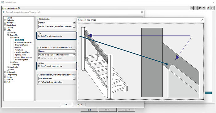 The calculation of grooves for glass infills in railing parts has been improved. 